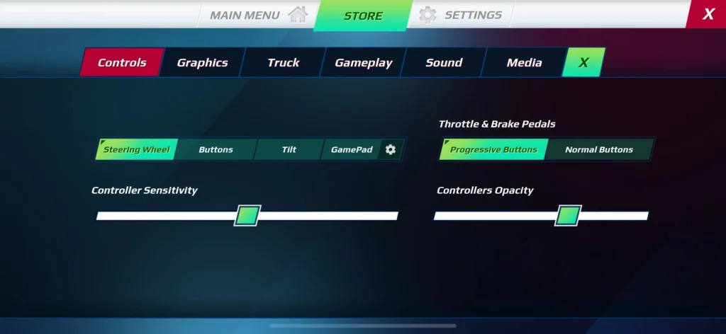 Truckers of Europe 3 truck control settings showing steering wheel, tilt, buttons, throttle & brake pedals, and sensitivity options