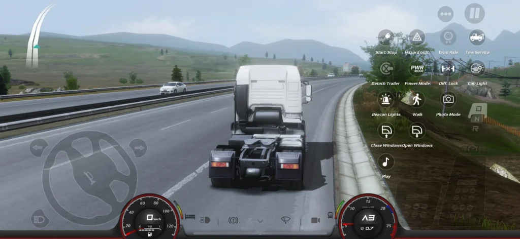 Truckers of Europe 3 gameplay screen with steering, dashboard, and controls
