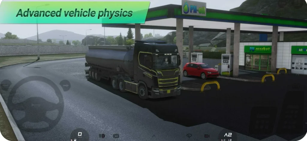 Advanced vehicle physics shown at fuel station in Truckers of Europe 3