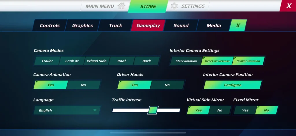Truckers of Europe 3 gameplay settings with camera modes, language, driver hands, traffic intensity, and mirror options