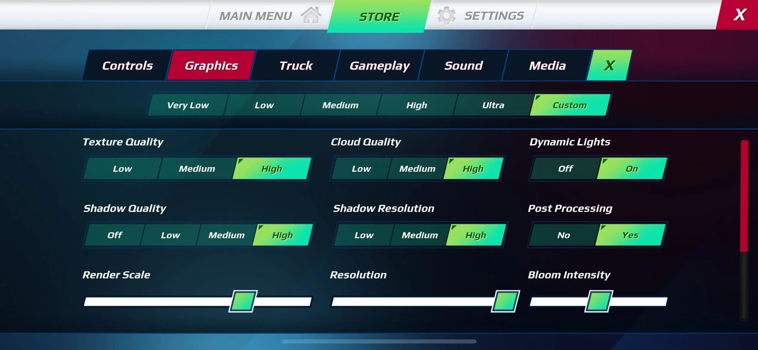Truckers of Europe 3 graphics settings panel with options like texture quality, shadows, dynamic lights, rain effects, and resolution controls