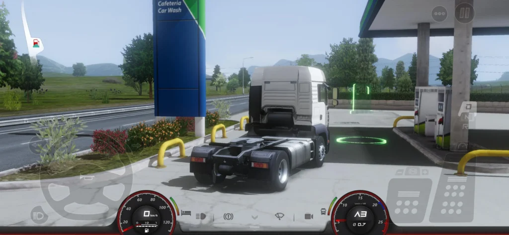 Truck parked at fuel station rest area in Truckers of Europe 3 iOS gameplay