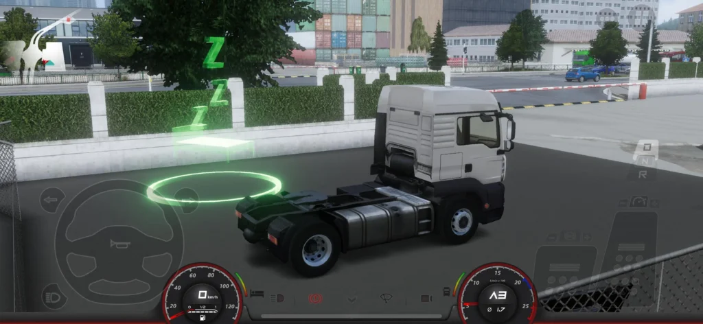 Truck parked at resting spot with floating Z icon