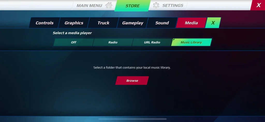 Media settings with off, radio, URL input, and music library options