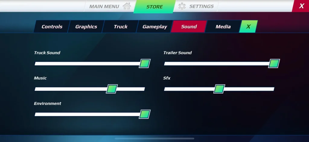 Sound settings with trailer, truck, music, environment, and SFX controls
