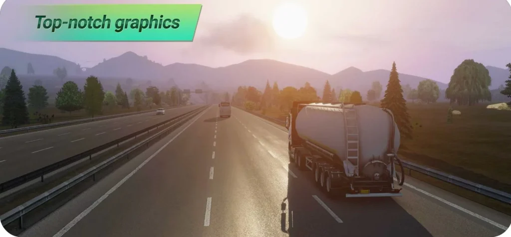 Truck driving at sunset showing top-notch graphics in Truckers of Europe 3