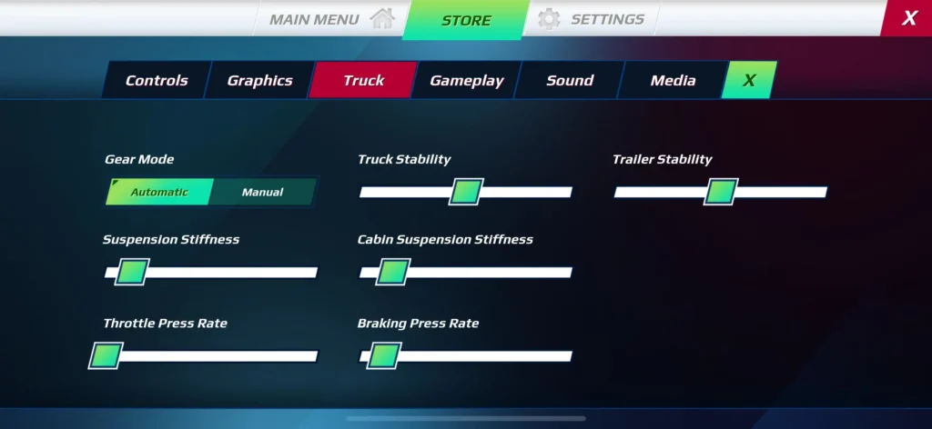 Truckers of Europe 3 truck & trailer settings featuring gear mode, suspension, stability, and brake/throttle options