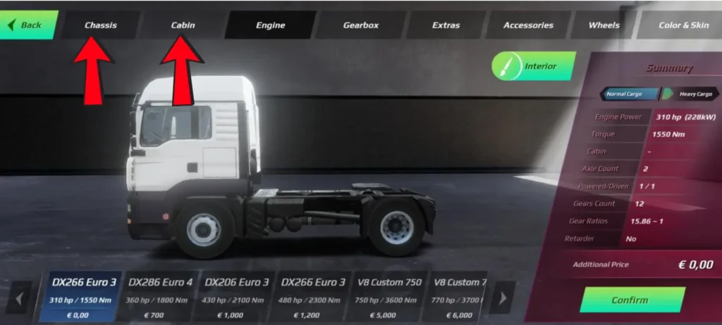 Truckers of Europe 3 truck modify screen with cabin, chassis, engine, and gearbox icons