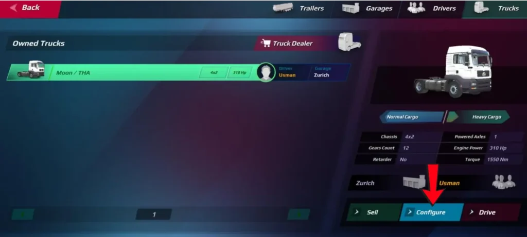 Truckers of Europe 3 Trucks menu Configure option