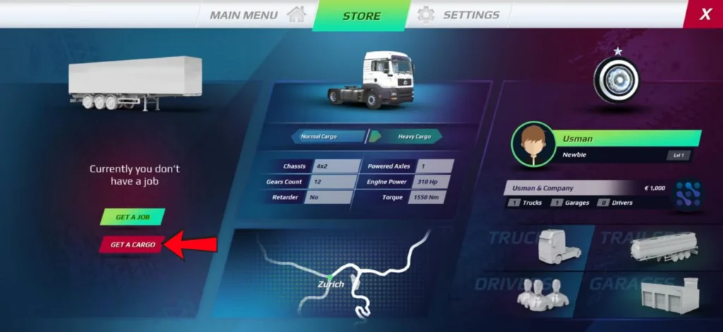 Get a Cargo option visible on the left side in Truckers of Europe 3
