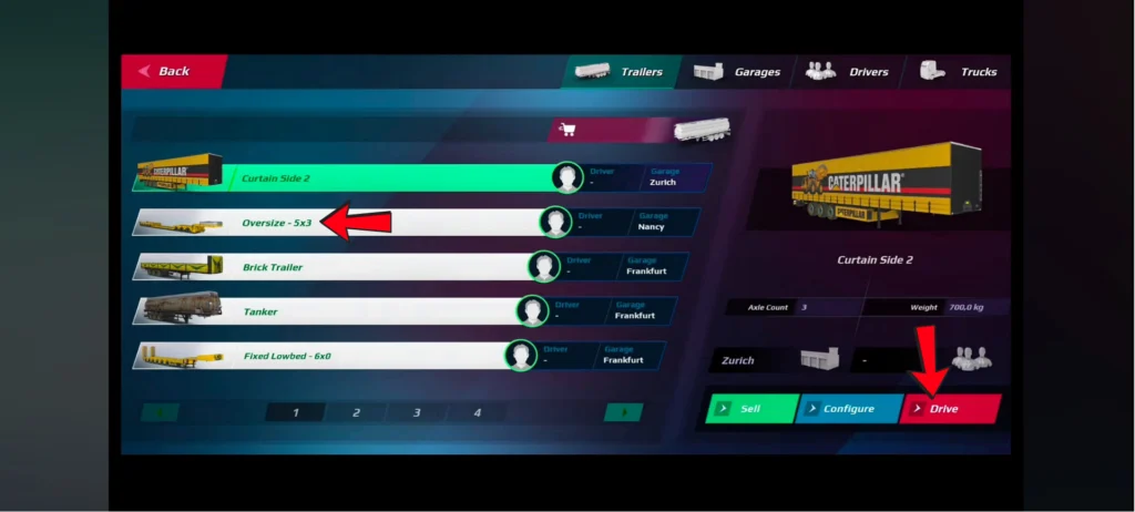 Oversize trailer screen showing Configure and Drive icons in Truckers of Europe 3