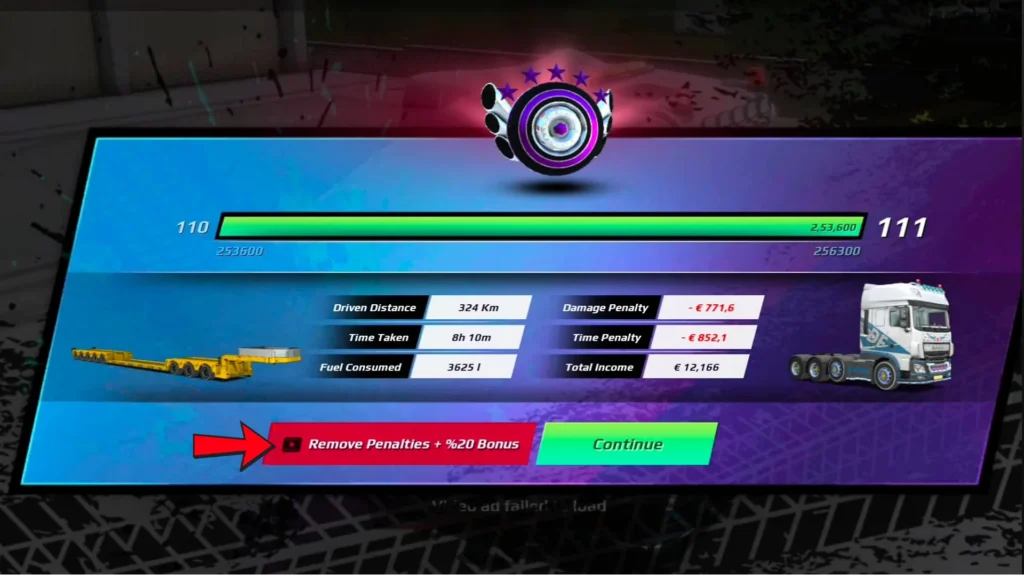 Remove Penalties + 20% Bonus button (ad) in Truckers of Europe 3
