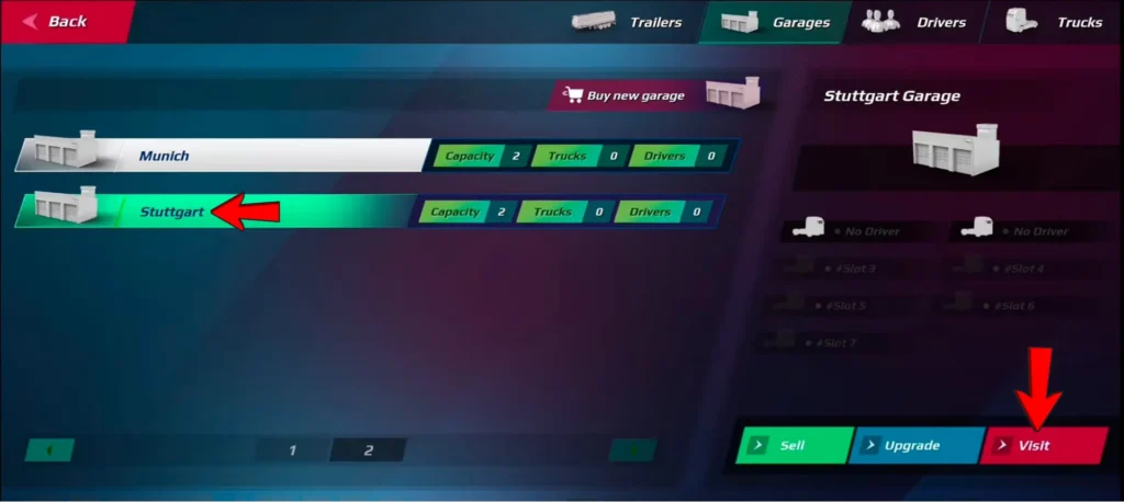 Stuttgart garage location screen showing visit icon in truckers of europe 3 