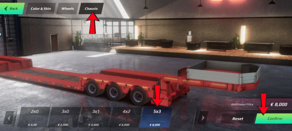 Trailer customization screen showing Oversize trailer with chassis, wheels, and color/skin options in Truckers of Europe 3
