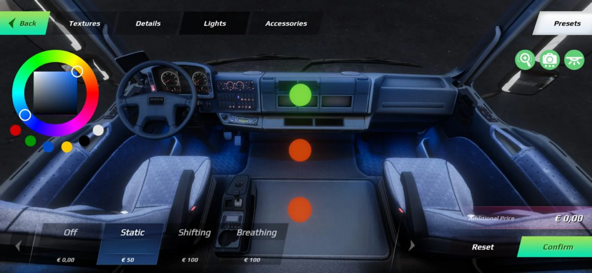 Truck cabin lights customization with red dots, static, shifting, and breathing modes.