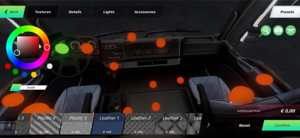 Interior customization view in Truckers of Europe 3 showing cabin textures, seats, dashboard, and color options