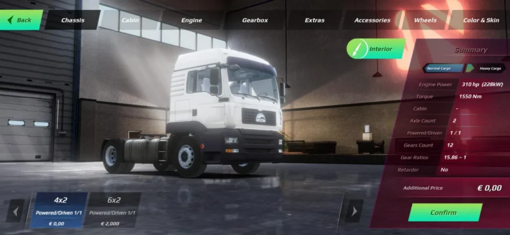 Truck customization menu in Truckers of Europe 3 showing exterior options and interior access button